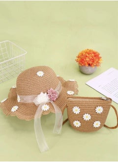 Buy 2pcs Girls Wide Brim Straw Hat with UV Protection, Trendy Floppy Summer Hat adorned with flowers, Complete with Coordinated Beach Bag and Kids Sun Visor Hat Set for Playful Beach Adventures in UAE