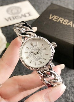 Buy Versace Women's Cubic Zirconia Classic Fashion Versatile Round Quartz Watch with Silver Chain Stainless Steel Strap 28mm Gift in UAE