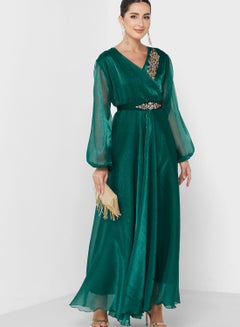 Buy Surplice Neck Flute Sleeve Embellished Dress in UAE