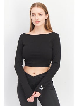 Buy Women Boat Neck Long Sleeve Textured Cut Out Crop Top, Black in UAE