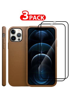 Buy 3 Packs For iPhone 12 Pro Case and 2 Screen Protectors Noble Collection Genuine Leather Case Wireless Charging Compatible Full Coverage Cover Brown in UAE