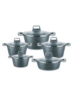 اشتري 10-piece marble cookware set Aluminum pots and pans with non-stick finish Glass lid PFOA-free Gray 20-24-28-32 cm (deep stockpot) + 28 cm (shallow stockpot) في الامارات