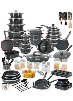 Buy 134-Piece All-in-One Granite Cookware Set - Ultra Non-Stick Kitchen Cooking Set, Pots and Pans Set Includes Cooking Pots, Frying Pans, Saute Pans, Couscossier Steamer, Fish Pan, Grill Pan, Double Grill Pan, Wok, Sauce Pan, Bakeware, Round Baking Pans, Cutlery Set, Canister Set and Kitchen Tools in UAE