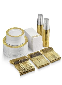 Buy 175 Pieces Gold and White Disposable Dinnerware Set for Party Birthday Festival Celebration in UAE