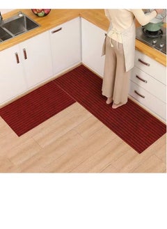 Buy 2-Piece Set Kitchen Mat Non-Slip Rugs Set Line Design Quickly Absorbs Water Red 120 x 40 and 60 x 40 Centimeter in UAE