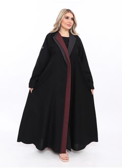 Buy Black abaya with red and striped flap collar in Saudi Arabia