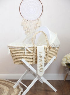 Buy Moses Basket Cradle with Foldable Wooden Stand White Color in UAE