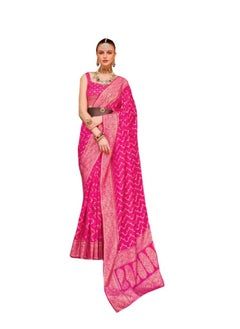 Buy Dark Pink Banaras Silk Saree With Gold Foil Print And Border Plus Unstitched Blouse in UAE