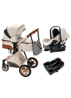 Buy 3 in 1 Baby Stroller Travel System, Reversible Newborn Foldable Pram, Infant High Landscape Pushchair, Portable Standard Stroller, Reclining Buggy, Baby Carriage (WHITE with Base) in Saudi Arabia