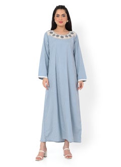 اشتري LONG STRIPE PRINTED NECK EMBROIDERED CASUAL ARABIC KAFTAN JALABIYA DRESSES في السعودية