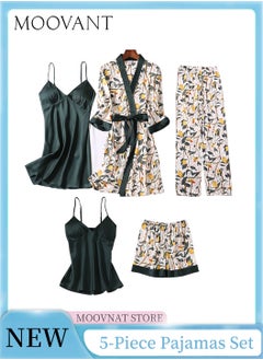 Buy 5-Piece Printed Pajamas Set Home Wear Fashion Luxury Comfortable Sweet Sleepwear Floral Robe Camisole Nightdress Shorts Pants Set for Women Green in Saudi Arabia