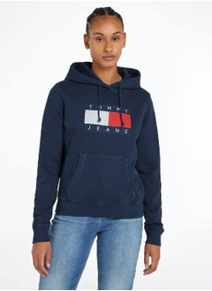 Buy Women's Regular Tommy Flag Pullover Hoodie - Cotton, Blue in UAE