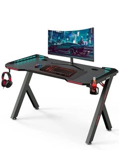 Buy Gaming Desk with RGB LED Colors Light Headset Hook Cup Holder Size 140 Centimeters in UAE