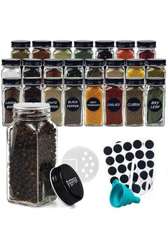 اشتري 24-Piece Glass Spice Jars with 40 Label, Spice Glass Bottles,120ml Square Spice Container with Spice Labels, Shaker Lids and Airtight Black Metal Caps, Chalk Marker, Silicone Collapsible Funnel في السعودية