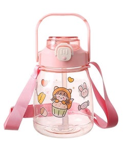 Buy 1100ml Big Belly Bottle with Shoulder Strap Straw Water Bottle Plastic Cup with Straw Flip-top Straw Bottle (Pink) in Egypt
