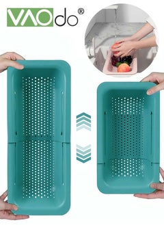 Buy 2-Piece Retractable Kitchen Drain Basket Over the Sink Colander for Washing Fruits Vegetables Green in UAE