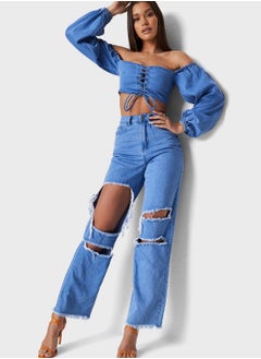 Buy Super Distressed Loose Straight Leg Jeans in Saudi Arabia