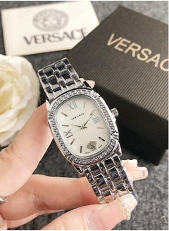 Buy Versace women's cubic zirconia classic fashion versatile rectangular quartz watch, paired with a silver stainless steel strap and a 26mm white dial in UAE