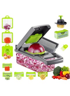 Buy 14 in 1 Multifunctional Vegetable Slicer, Veggie Chopper, Kitchen Vegetable Slicer, Veggie Cutter With 8 Blades, Onion Chopper, Garlic Chopper, Mandoline With Container (Green & Grey) in UAE