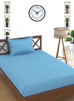 Buy Sky Blue Cotton Single Striped Fitted Elastic Bedsheet Set 100x200+15cm in UAE