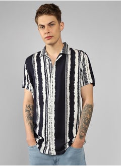 Buy Relaxed Fit Navy Popcorn Shirt Cuban Collar in UAE