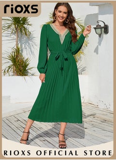 Buy Women's Casual Long Puff Sleeve Slim-fit Dress Lace Trimmed V-neck Pleated Mid-long Dresses with Belt in UAE