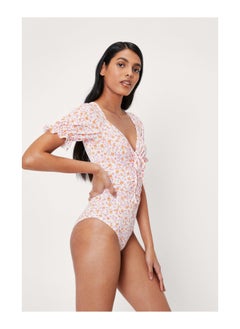 Buy Ruched Floral Print Puff Sleeve Bodysuit in UAE