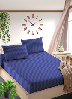 اشتري Navy Blue Striped King Size Sheet Set Deep Pockets Machine Washable 200x200+35cm في الامارات