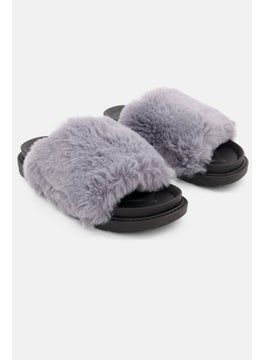 Buy Women Medium Faux Fur Slip On Slippers, Grey in Saudi Arabia