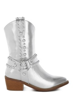 Buy Studded Harness Detail Boots in Silver in UAE