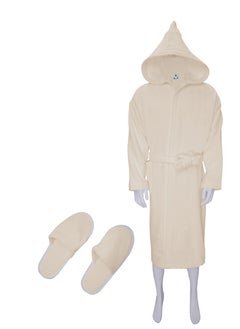 Buy Soft cotton unisex bathrobe with a pocket and a waist belt with a distinctive slipper in an elegant design in beige color, multiple sizes in Saudi Arabia