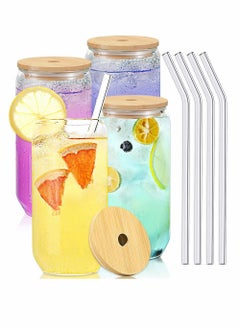 Buy Can Shaped Glass Cups with Glass Straw and Bamboo Lids, 4 Pcs Transparent Water Cup Juice Drink Cup Drinking Cups with Straw for Water and Mixed Drink for Any Drink and Any Occasion ( 500 Ml ) in UAE