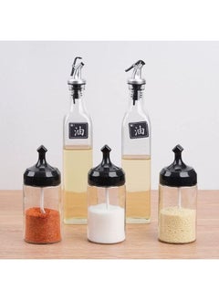 Buy Oil-Vinegar Set Of 2 Bottles 500ml Dispenser and 3 Spice Jars With Spoons - Clear in Egypt