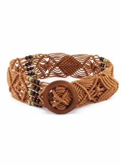 Buy Women Boho Style Braid Waist Belts Retro Woven Belt for Vintage Casual Ladies Dress, Jeans with Wood Color Buckle in UAE