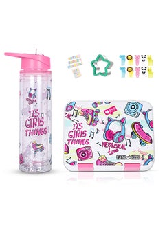 Buy Eazy Kids 5 & 4 Convertible Bento Lunch Box with 550ml Double Wall Water Bottle and Spoon Fork Set - It's Girl Thing Pink in Saudi Arabia