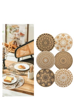 Buy Set of 6 Boho Round Placemats for Dining Table Washable Heat Resistant PVC Placemats Outdoor Table Mats Jute Retro Table Decor Vintage Coffee Bar Mat Waterproof Dining Mat Bohemian Style in UAE