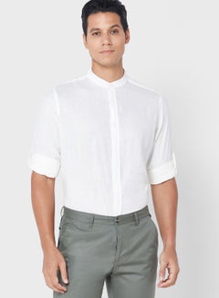 Buy Long Sleeve Grandad Collar Linen Shirt in Saudi Arabia