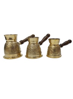Buy Brass Turkish Coffee Warmer  Coffee Pot with Wooden Handle Gold 3 Pieces in Saudi Arabia