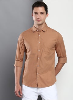 Buy Men's Slim Fit Camel Brown Casual Cotton Spread Shirt in Saudi Arabia