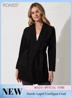اشتري Women's Fashion Suede Lapel Coat Casual Solid Color Long Sleeved Cardigan Mid Length Waistband Soft Trench Coat في السعودية