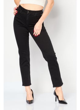 Buy Women Straight Fit Stretchable Plain Denim Jeans, Black in Saudi Arabia