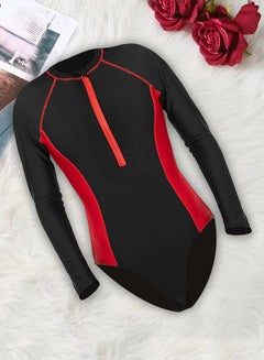 اشتري Surf suit for women long sleeve rash guard women's surf suit one piece swimsuit tight front zip top striped swimming shirts wetsuits Red في الامارات