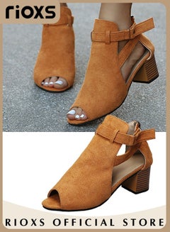 Buy Women's Suede Chunky Heel Buckle Sandals Round Toe Peep Toe Fashion Sandals in Saudi Arabia