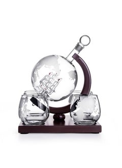 اشتري Whiskey Decanter Globe Set with 4 Etched Whiskey Glasses,Reusable Whiskey Stone Ice Cubes, Cherry Wood Stand,850ml في الامارات