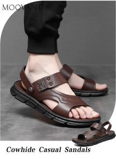 Buy Men's Leather Sandals Soft Flat Massage Insole Slippers Thick Sole Sandals with Cushioned Footbed and Contoured Arch Support Summer Beach Shoes for Men in Saudi Arabia