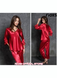 Buy Women's Silk Pajamas Set 2 Piece Sleepwear Sets Long Sleeve Top And Pants Lingerie Loungewear Sets in UAE