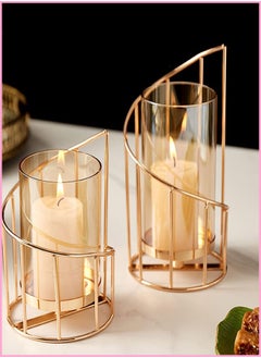 Buy Metal Wire Candle Holder Set of 2, Glass Pillar Candle Holders Gold Decorative Tea Light Candleholders for Home Decor Table Decorations Centerpiece (Spiral) in Saudi Arabia