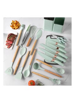 اشتري Silicone 19-Piece Wooden Handle Kitchen Gadget Set with Knifes, Cutting Board and Storage Bucket. Mint Green في الامارات