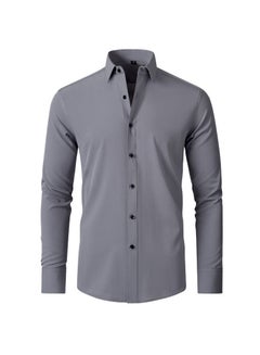 Buy Stretch Non-Iron Anti-Wrinkle Shirt, Men Long Sleeve Button Wrinkle Free Slim Fit Business Shirt Grey in Saudi Arabia