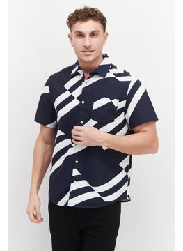 Buy Men Regular Fit Logo Pattern Short Sleeves Casual Shirt, Navy in UAE